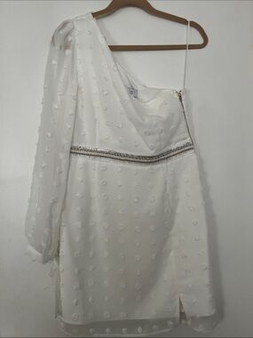 Jaus One-Shoulder White Mini Dress with Embroidered Dot Texture